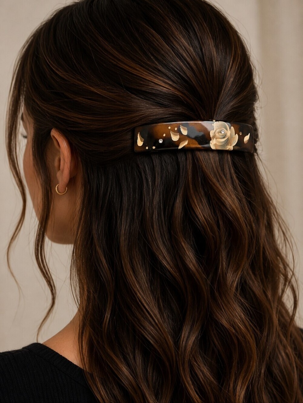 VTG CONAIR Tortoise Shell Handpainted Floral Acrylic Barrette